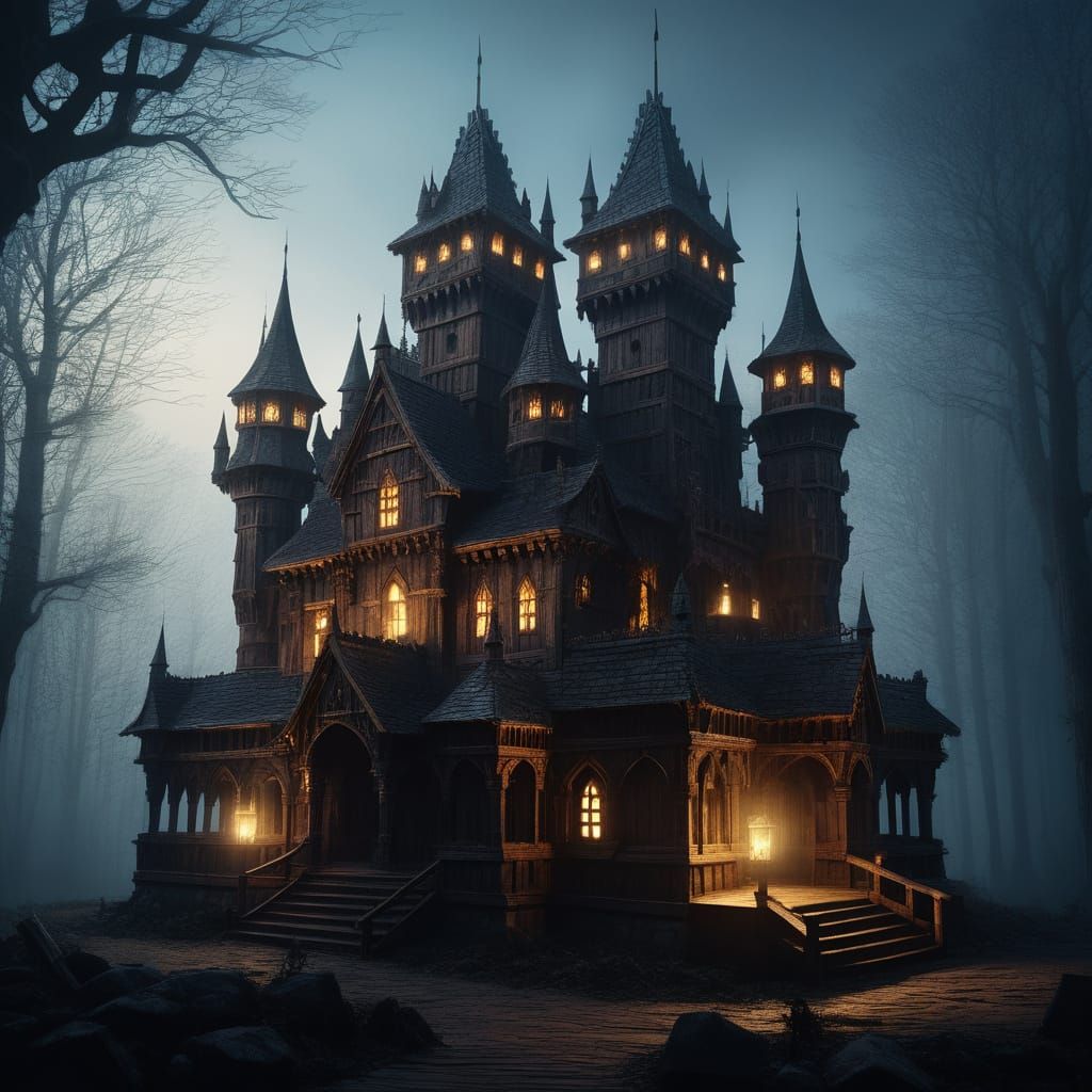 Gothic Wooden Castle with Twinkling Lanterns