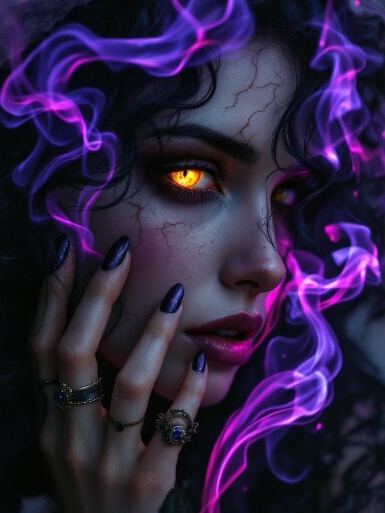 Gothic Woman with Magical Aura and Cracked Skull