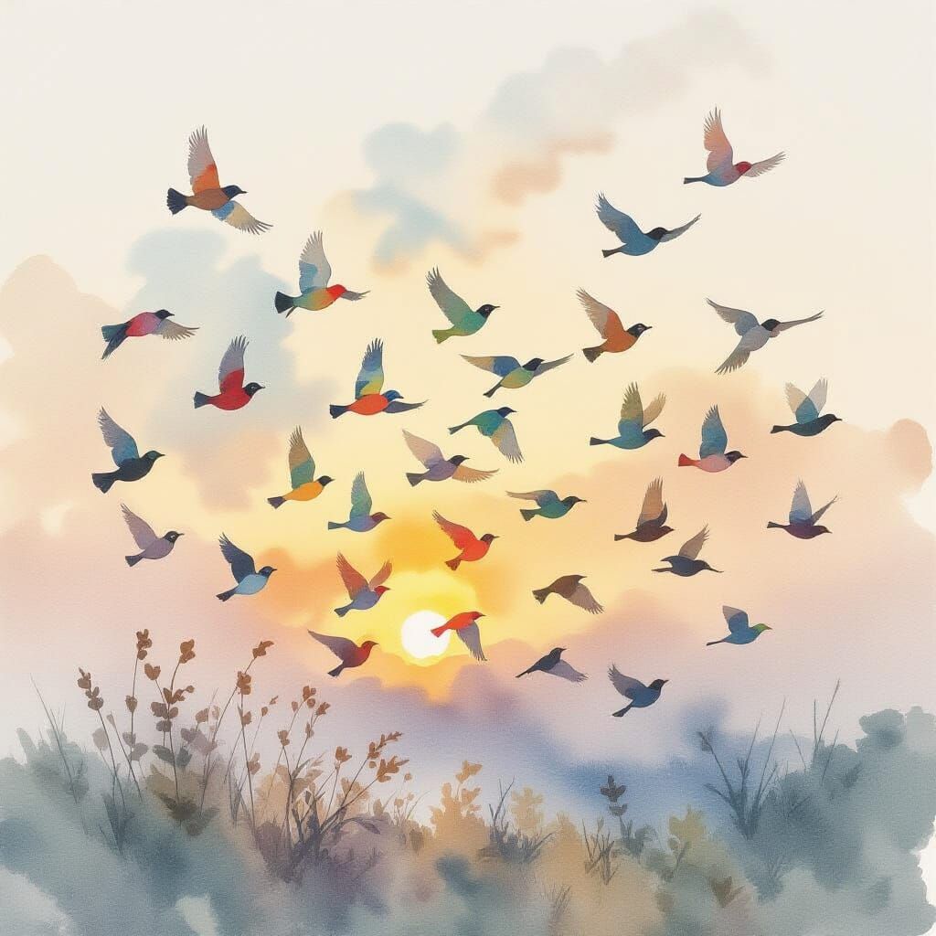 Vibrant Birds in Flight: Expressive Watercolor Painting