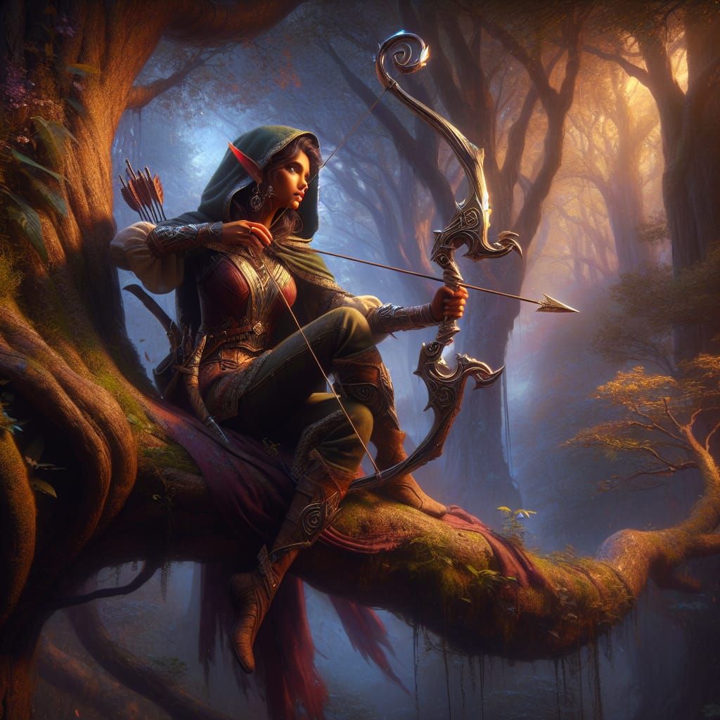 Enchanting Elven Huntress in Forest Canopy