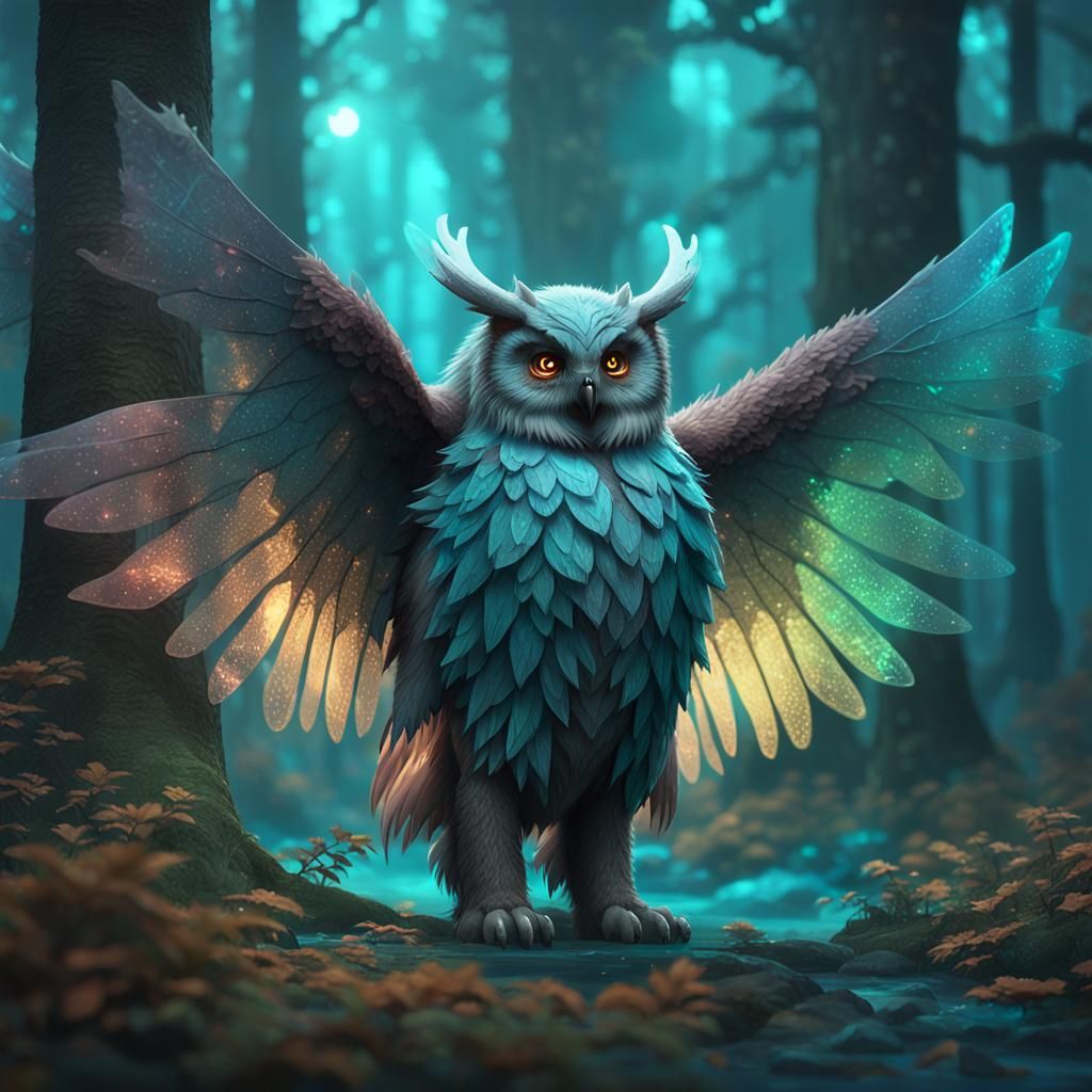 Fairy-Winged Owlbear in Mystical Forest
