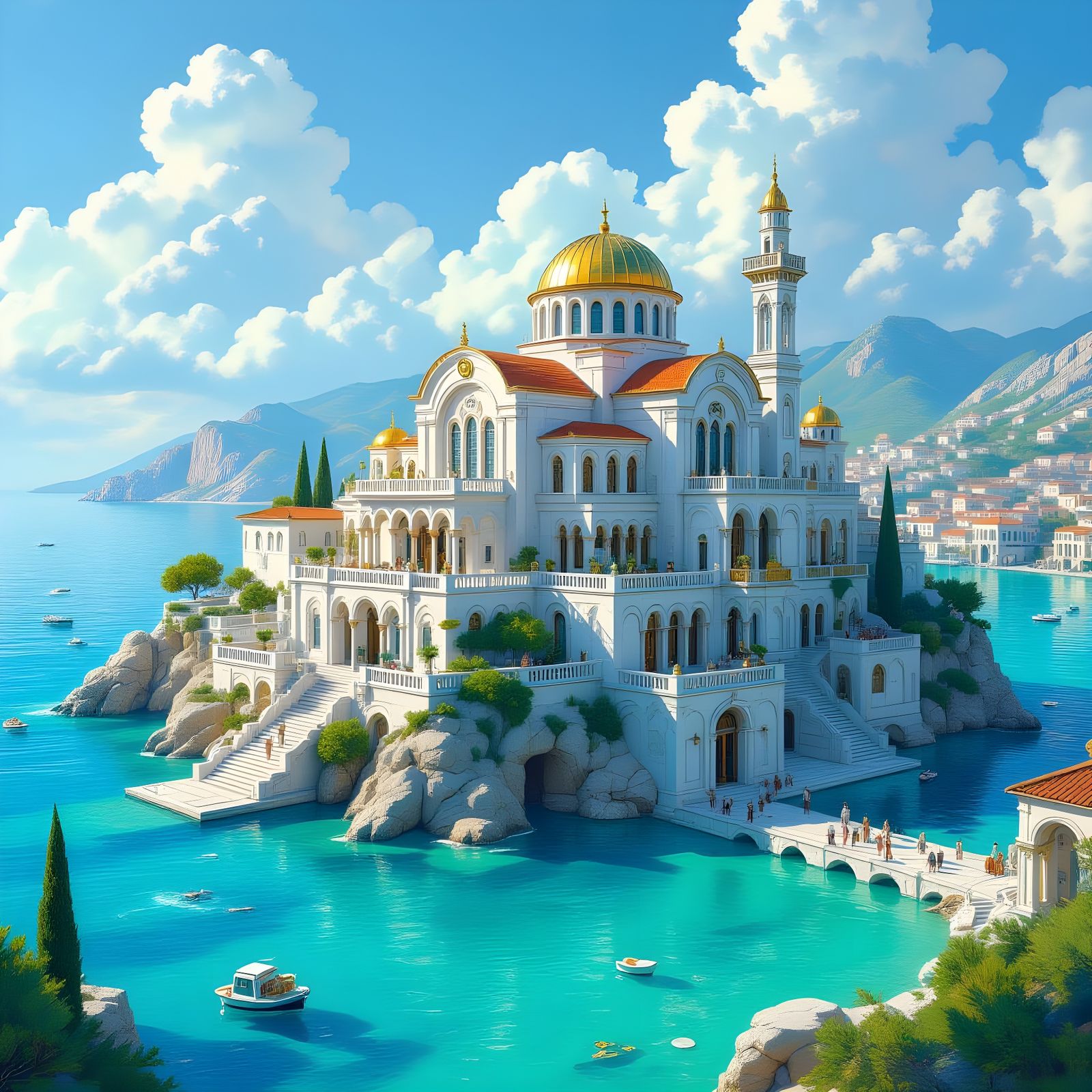 Lush Island City with Greek Architecture and Fantasy Element...