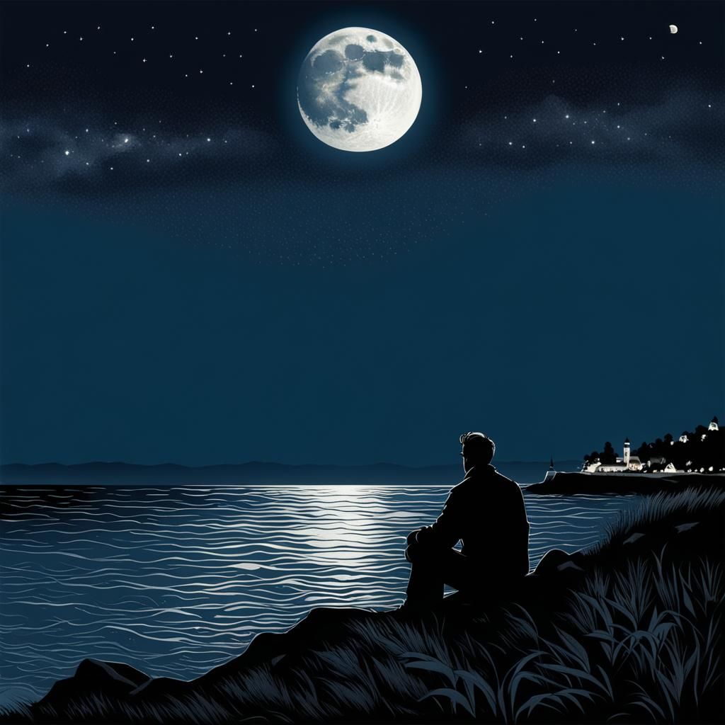 Poet Gazing at Crescent Moon by the Sea