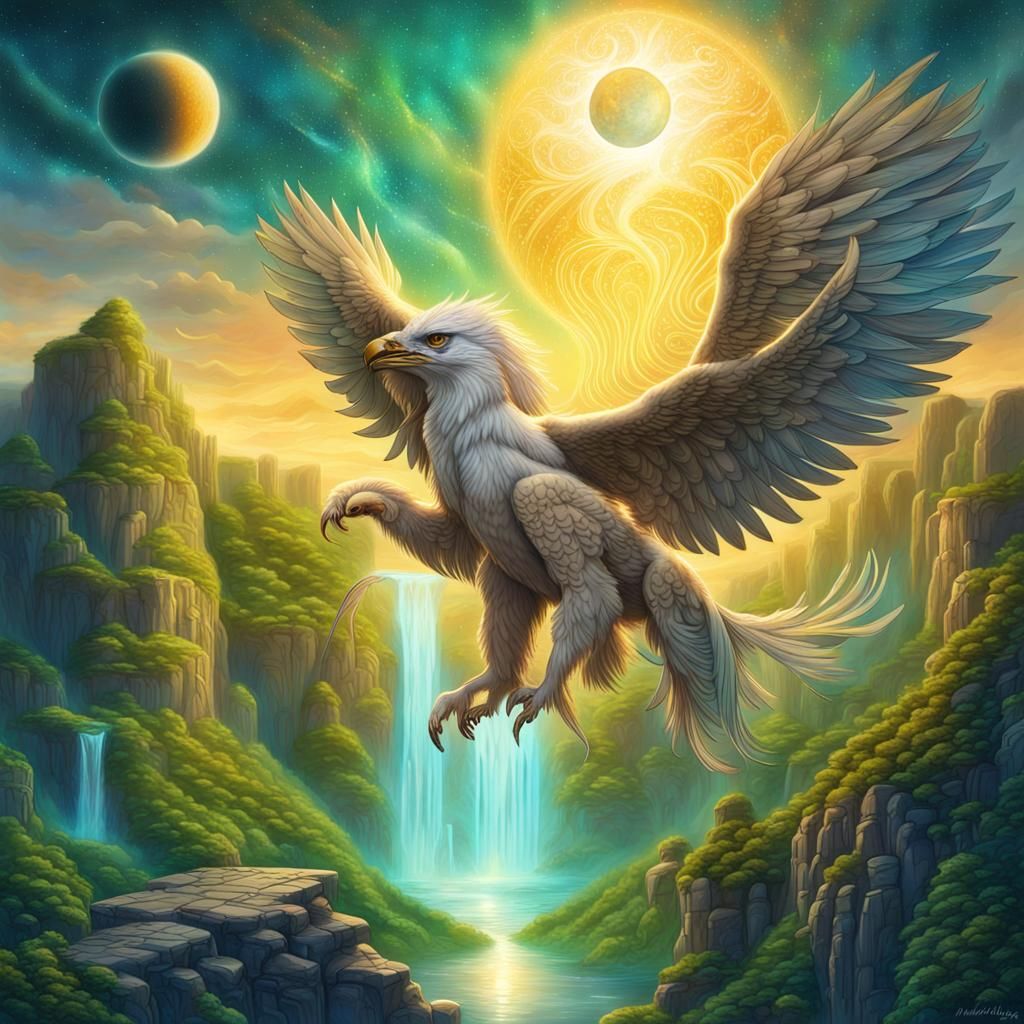 Griffin Soaring Over Floating Islands, Astral Illustration