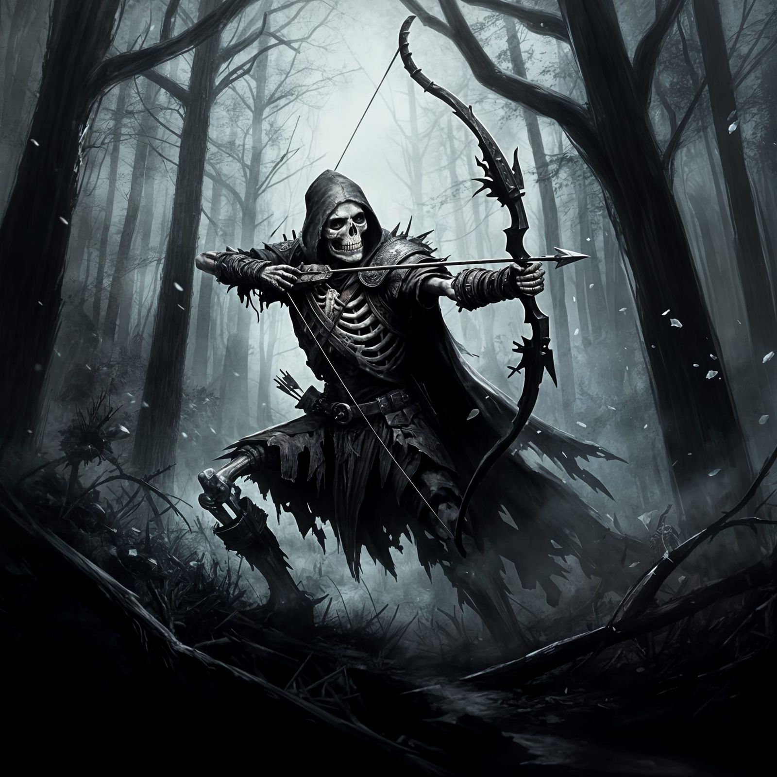 Skeleton Archer in Rusty Armor Fires Bow in Gloomy Forest
