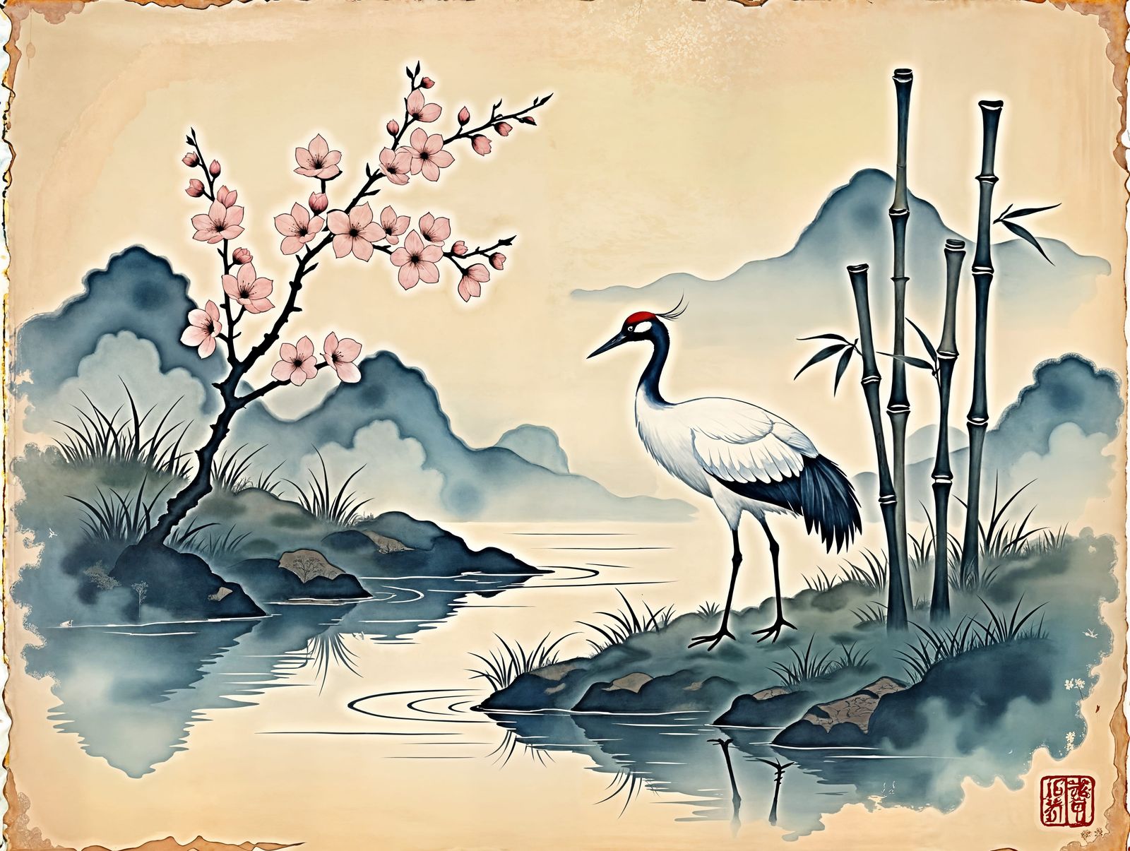 Traditional Korean Gel Print: Serene Crane in Soft Watercolo...