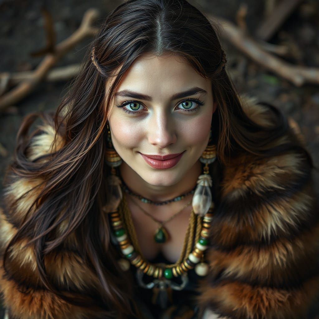Tribal Woman in Wolf Pelt Shaman Outfit