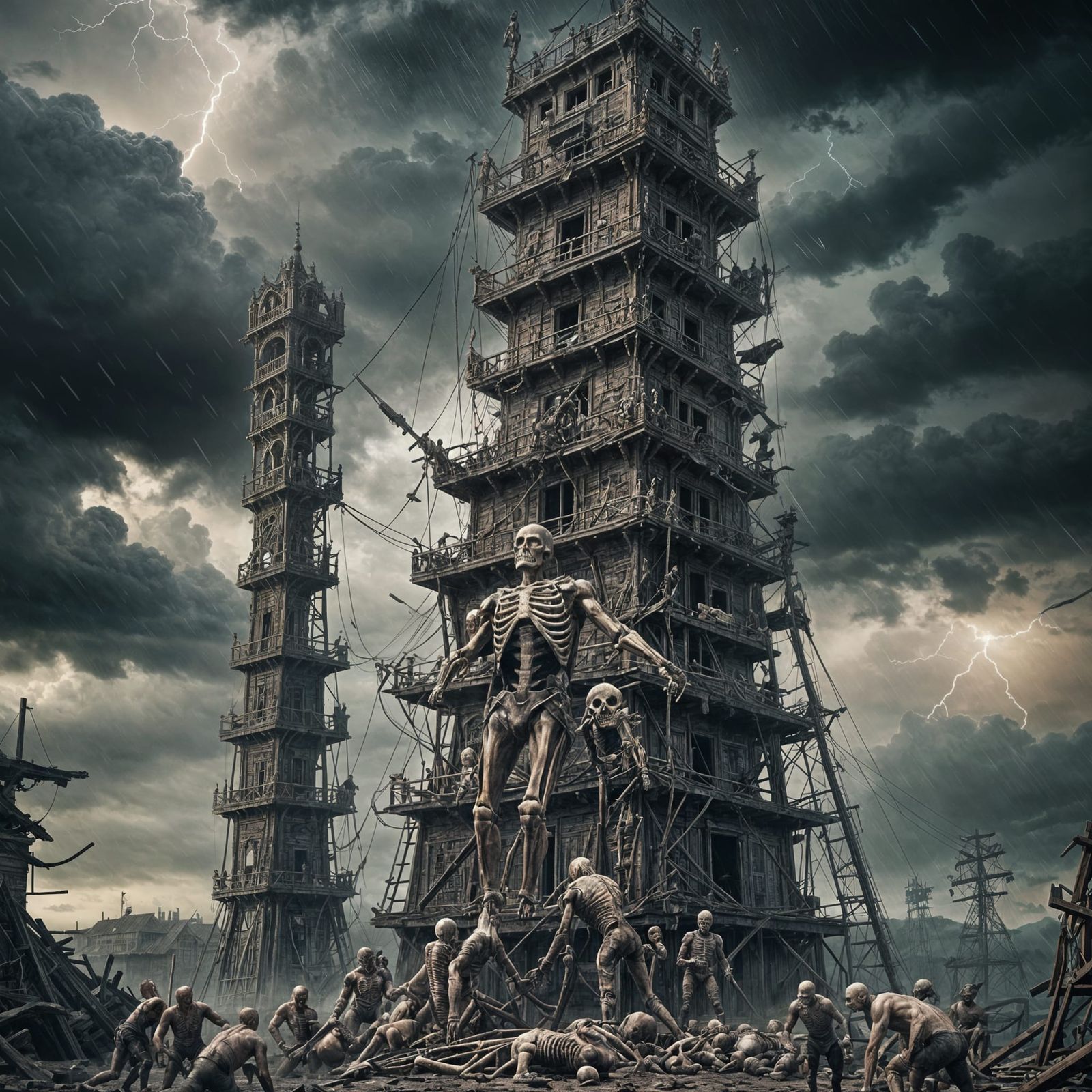 Skeletons Wrestling on Tower in Storm