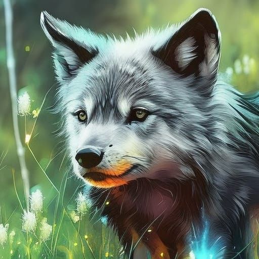 Magic Wolf Cub in Forest: Digital Art Illustration