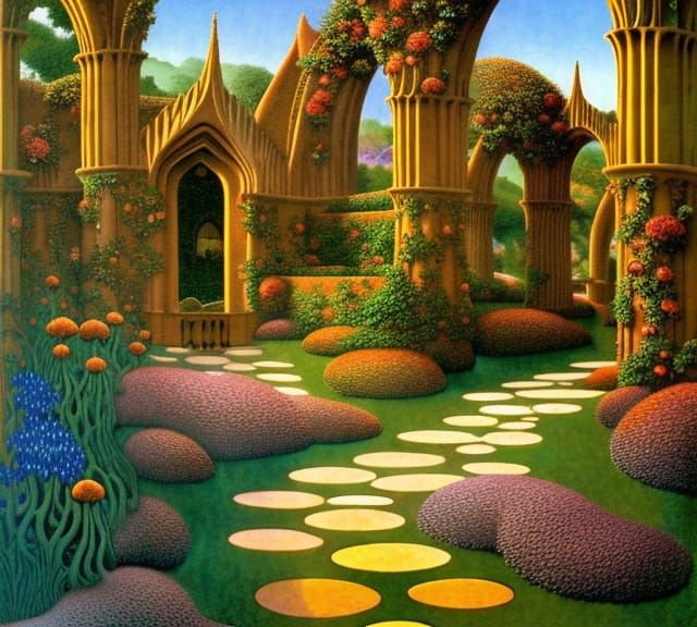 Sunrise Garden with Gothic Archways in Art Nouveau Style