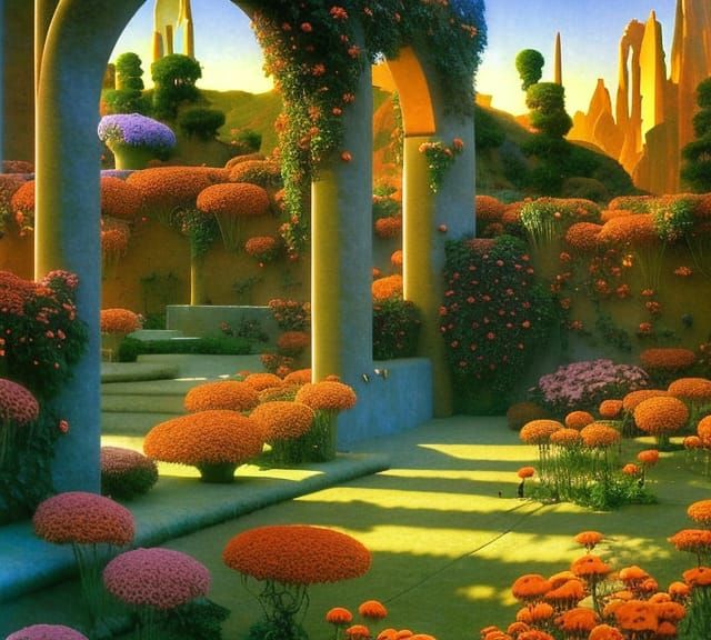 Sunrise Garden with Wildflowers in Art Nouveau Style