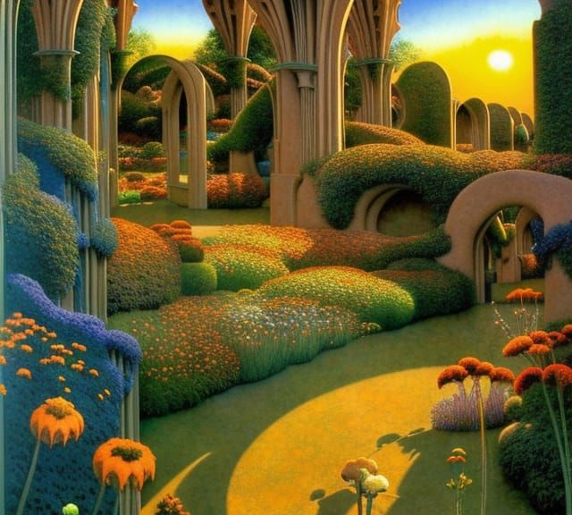 Sunrise in Hyperdetailed Fantasy Garden with Wildflowers