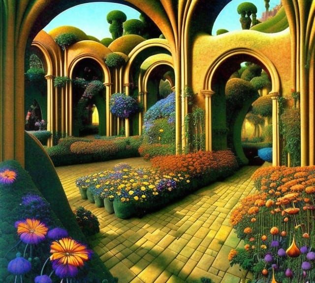 Sunrise Garden with Gothic Archways, Art Nouveau Style