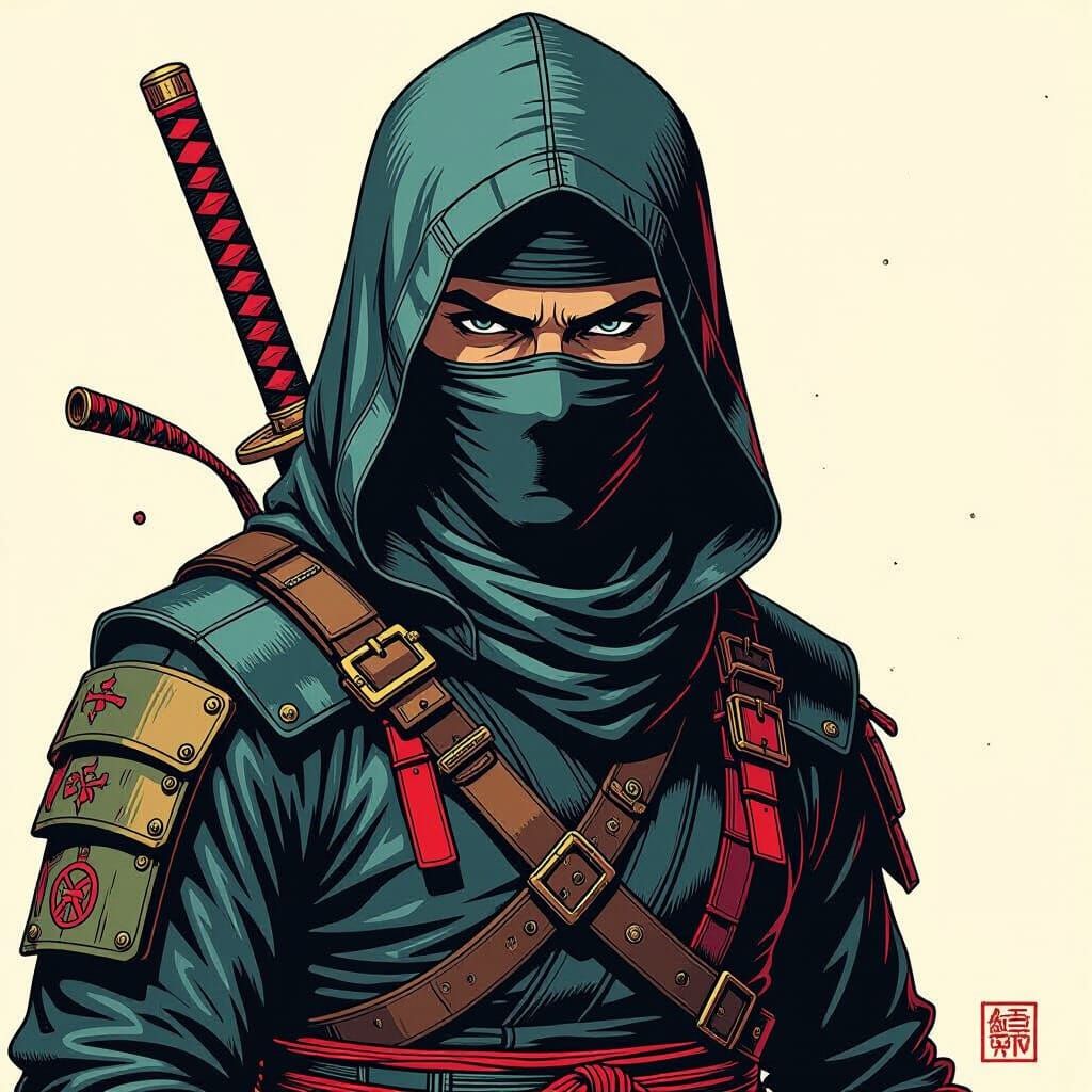 Cyberpunk Ninja Portrait in Film Noir Style