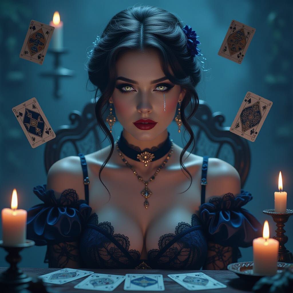 Mystical Victorian Seer with Glowing Eyes and Tarot Cards