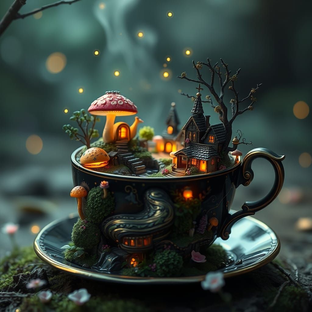 Miniature Fantasy spring world inside a black tea cup