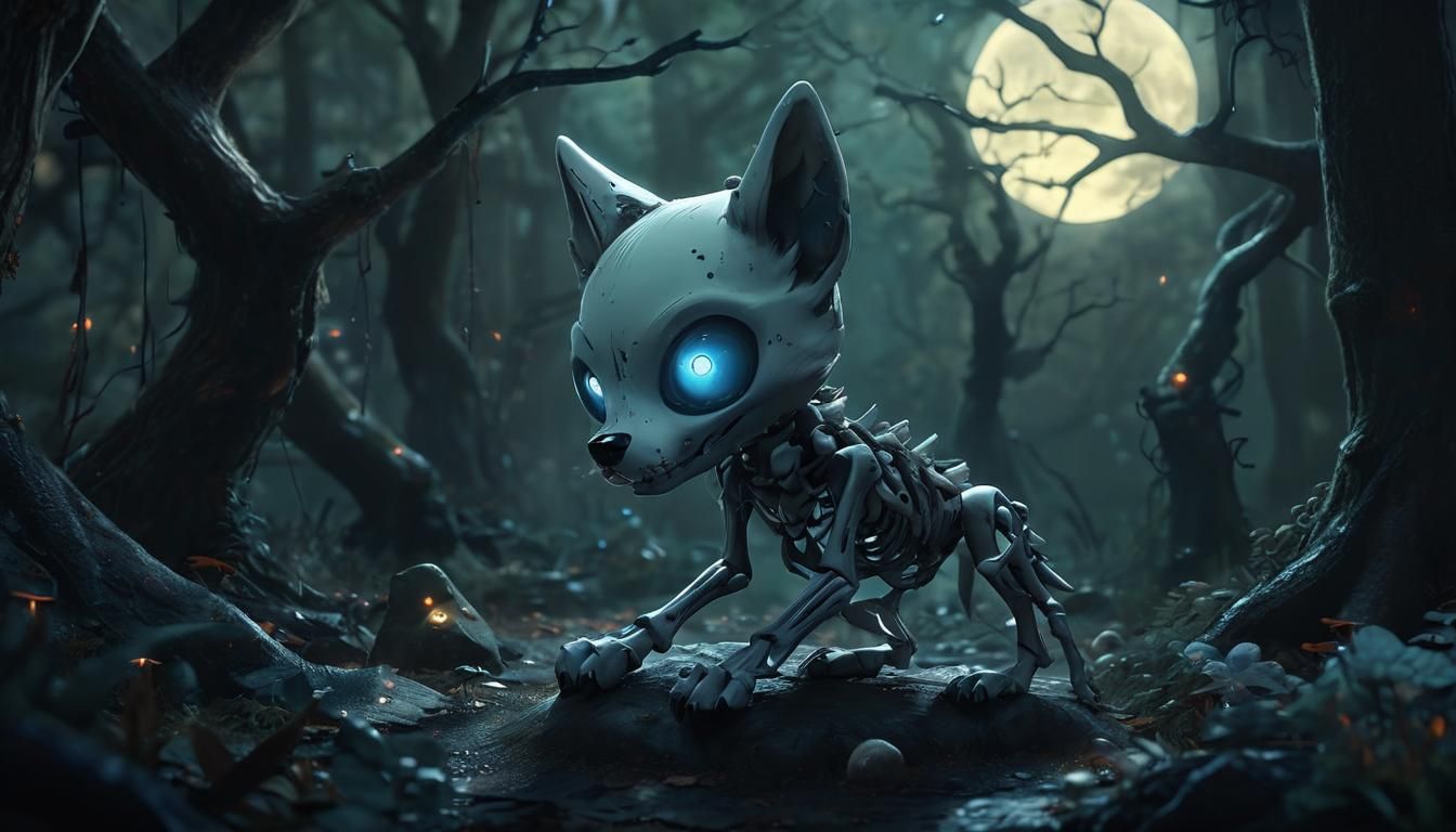 Dark Whimsical Chibi: Skeletal Wolf in Misty Forest