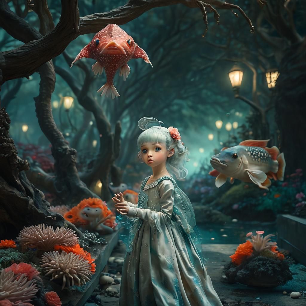 Surreal Airfish Girl in City Park, Hyperrealism