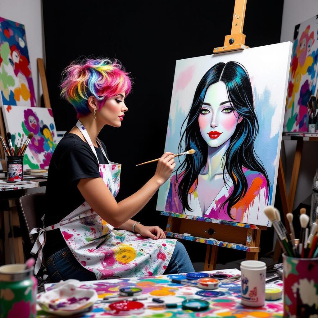 Colorful Haired Painter in Studio, Murakami Style