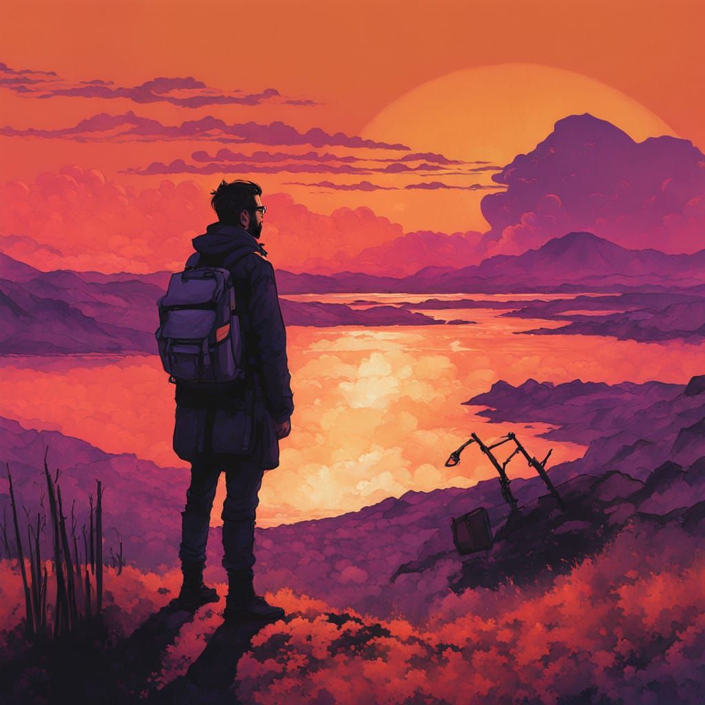 Contemplative Figure in Vibrant Sunset Silhouette