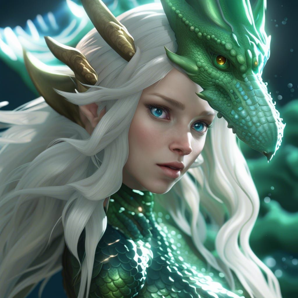 Mermaid Battles Dragon in Deep Ocean Art