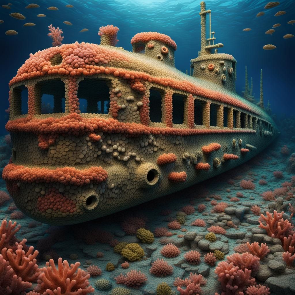 Sunken Submarine Mosaic Artwork in Hyperrealistic Style