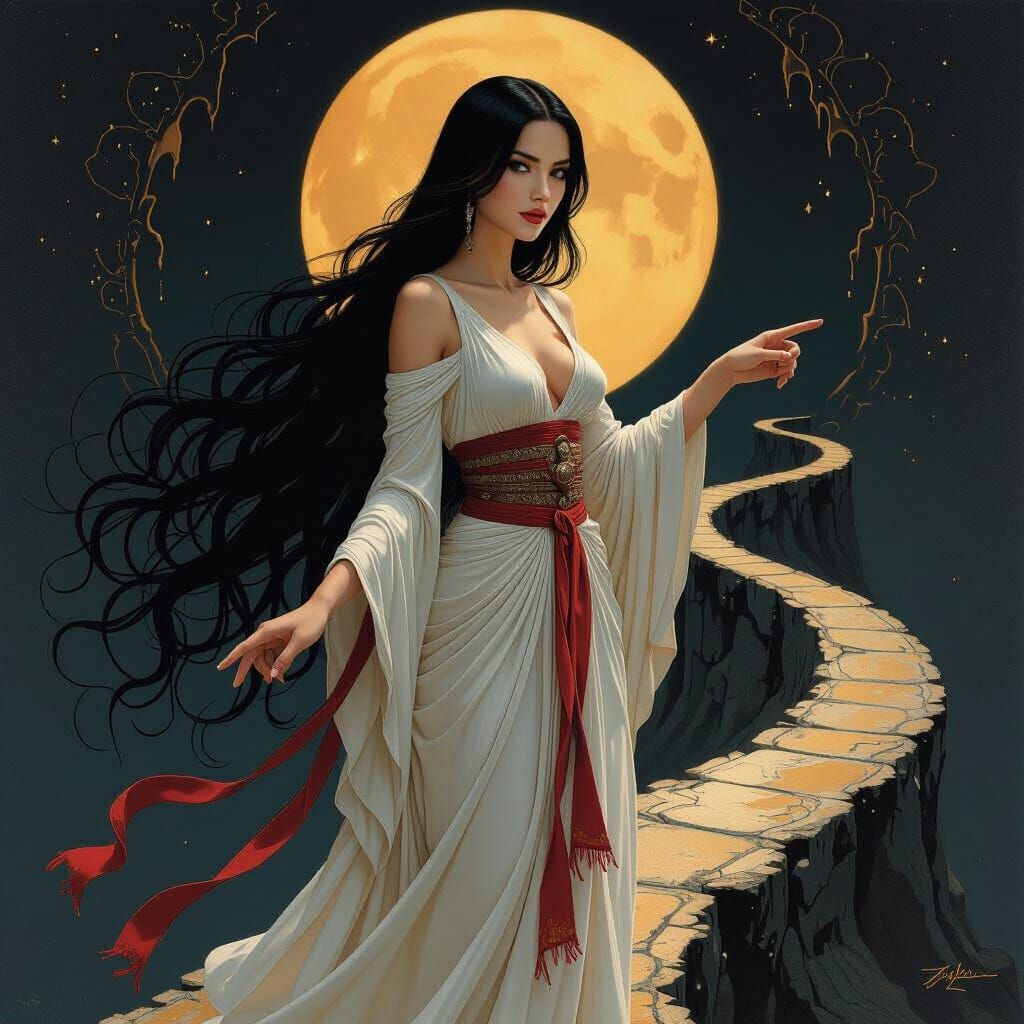 Surreal Woman on Dark Background Points to Inner Path