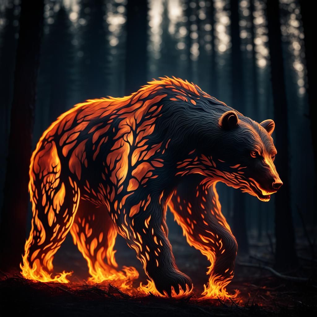 Flaming Bear Silhouette in Dark Forest