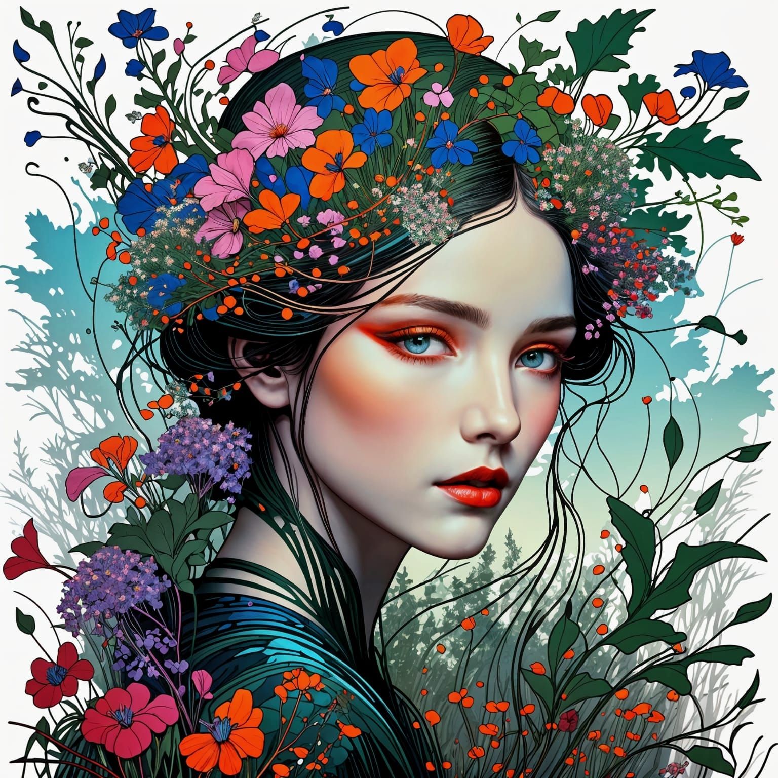 Explosive Floral Dreamscape in Art Nouveau Style