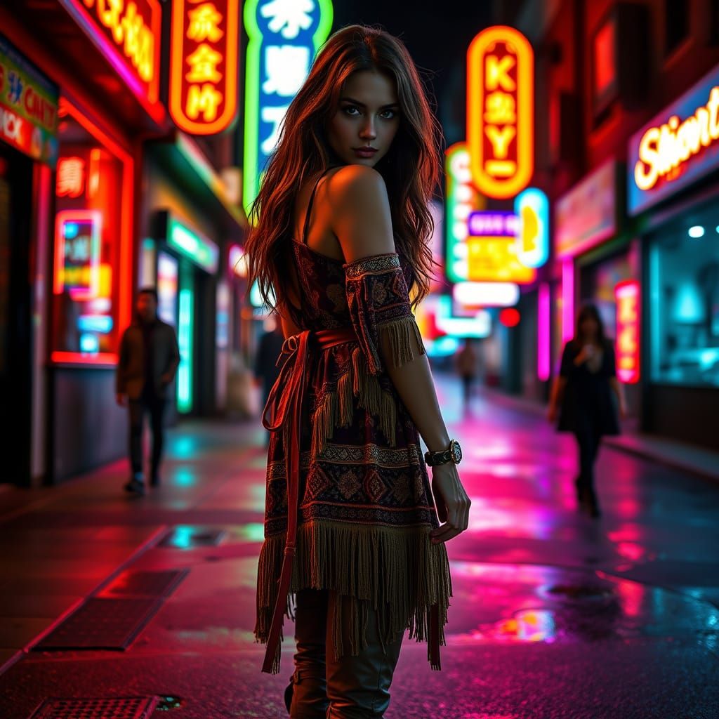 Confident Bohemian Woman in Neon-Lit Urban Night