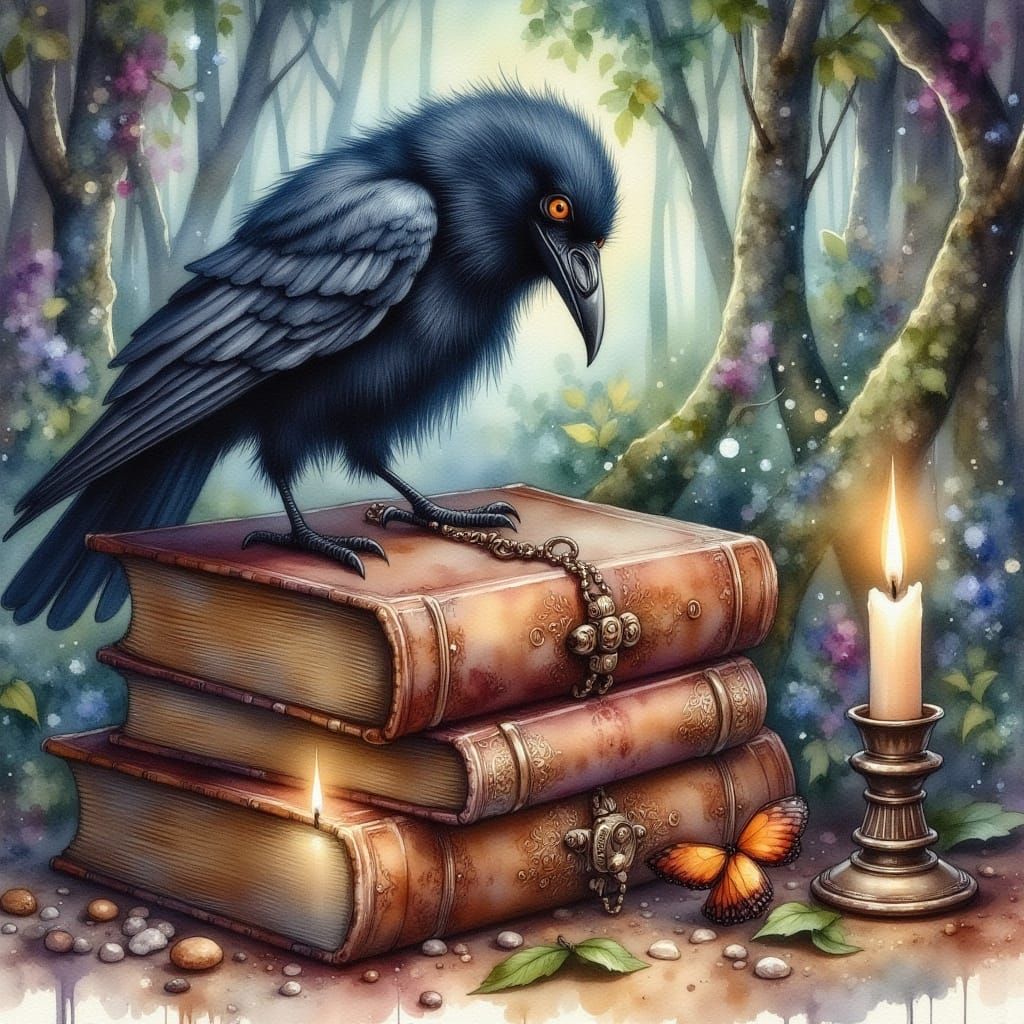 Vintage Spell Books with Raven in Watercolor Style