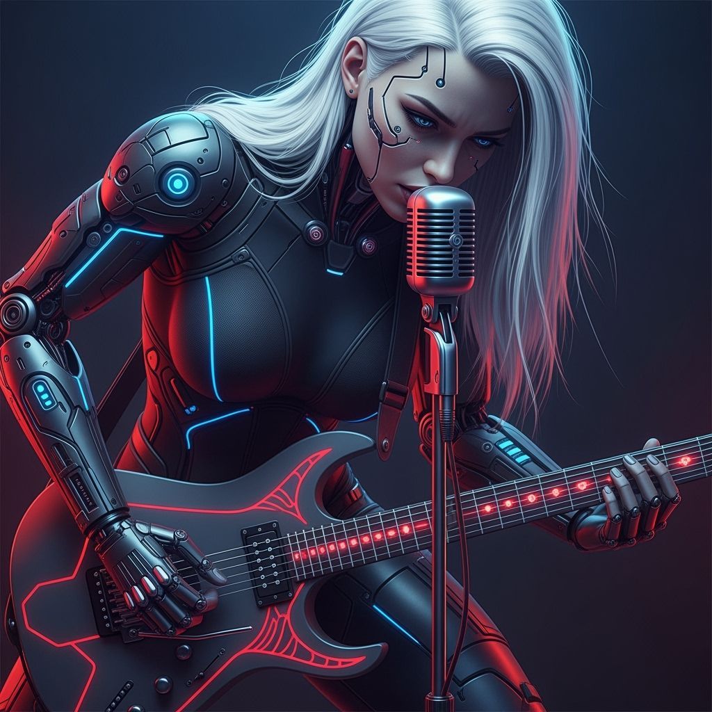 Cyberpunk Android Musician in Neon Lighting