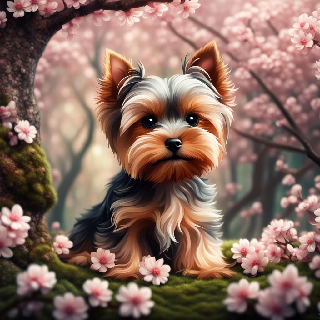 Adorable Yorkshire Terrier Puppy in Blossom Forest