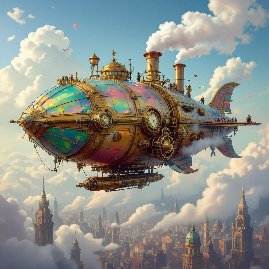 Steampunk Dragon Airship Soaring Over Futuristic City