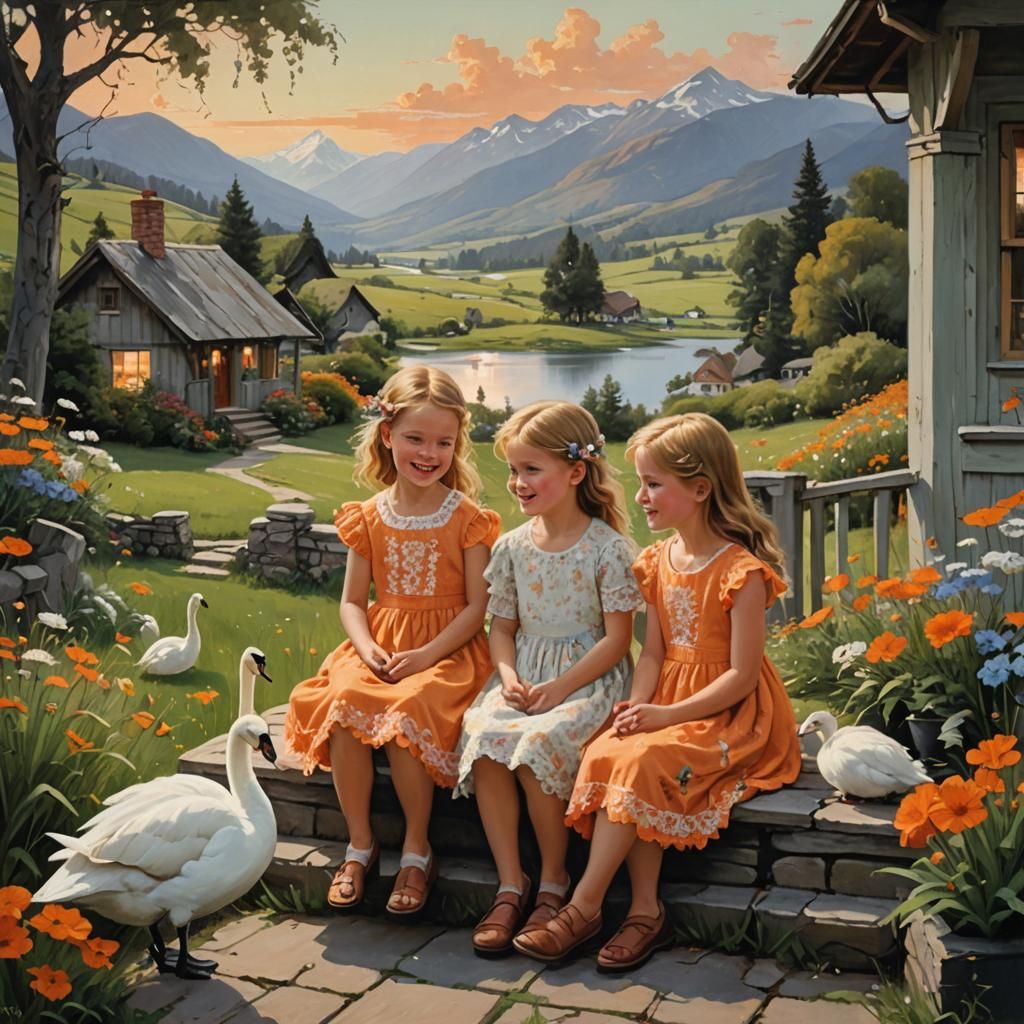 Girls on Cottage Porch, Luminous Oil Painting