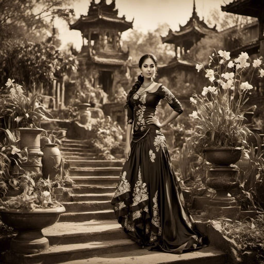Fashionable Woman in Thai Costume with Sepia Monument