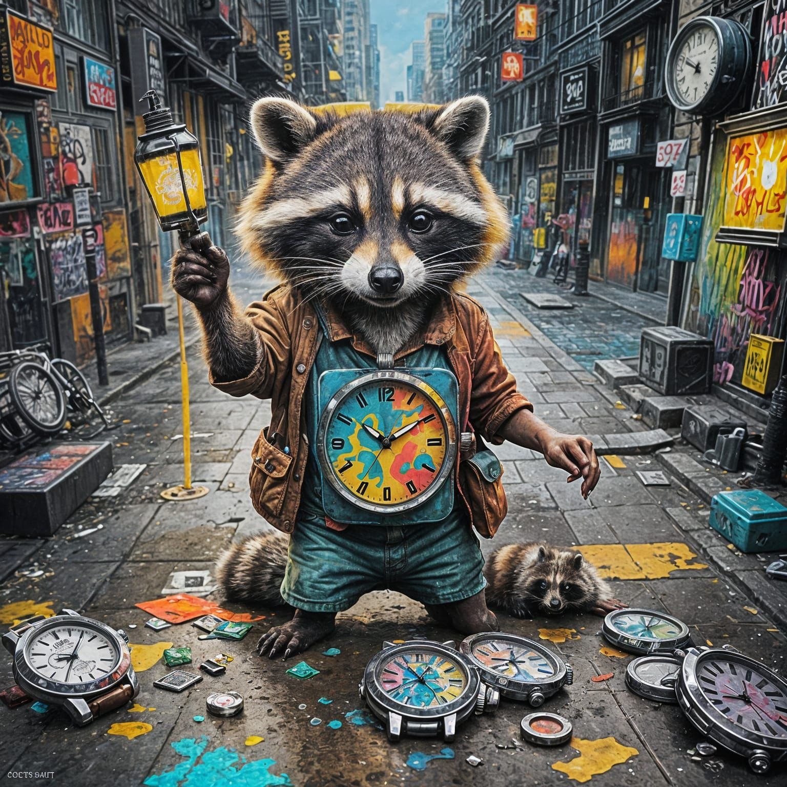 Raccoon Salesman in Graffiti Street Art Style