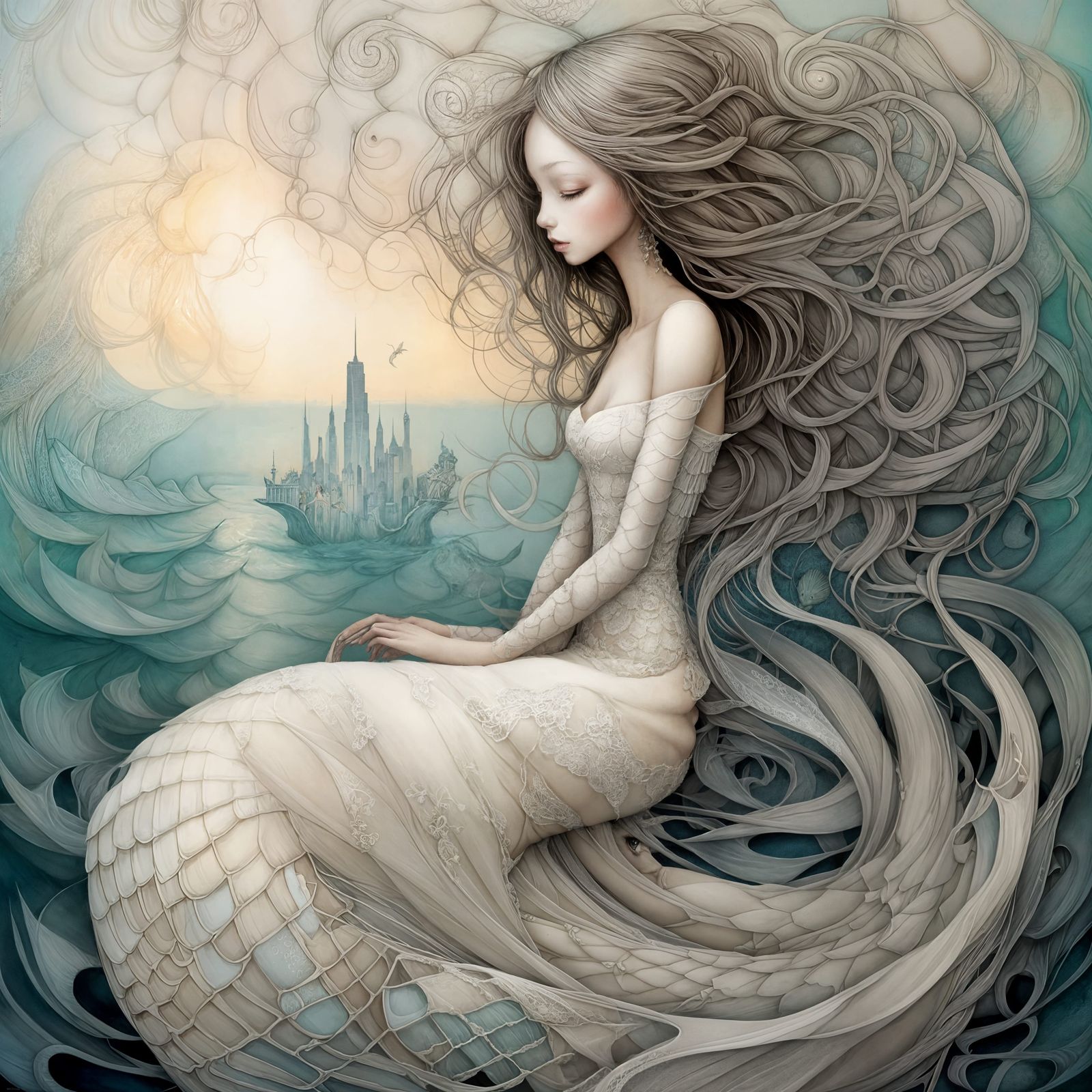 mermaid girl in the style of nicoletta ceccoli, minjae lee, ...