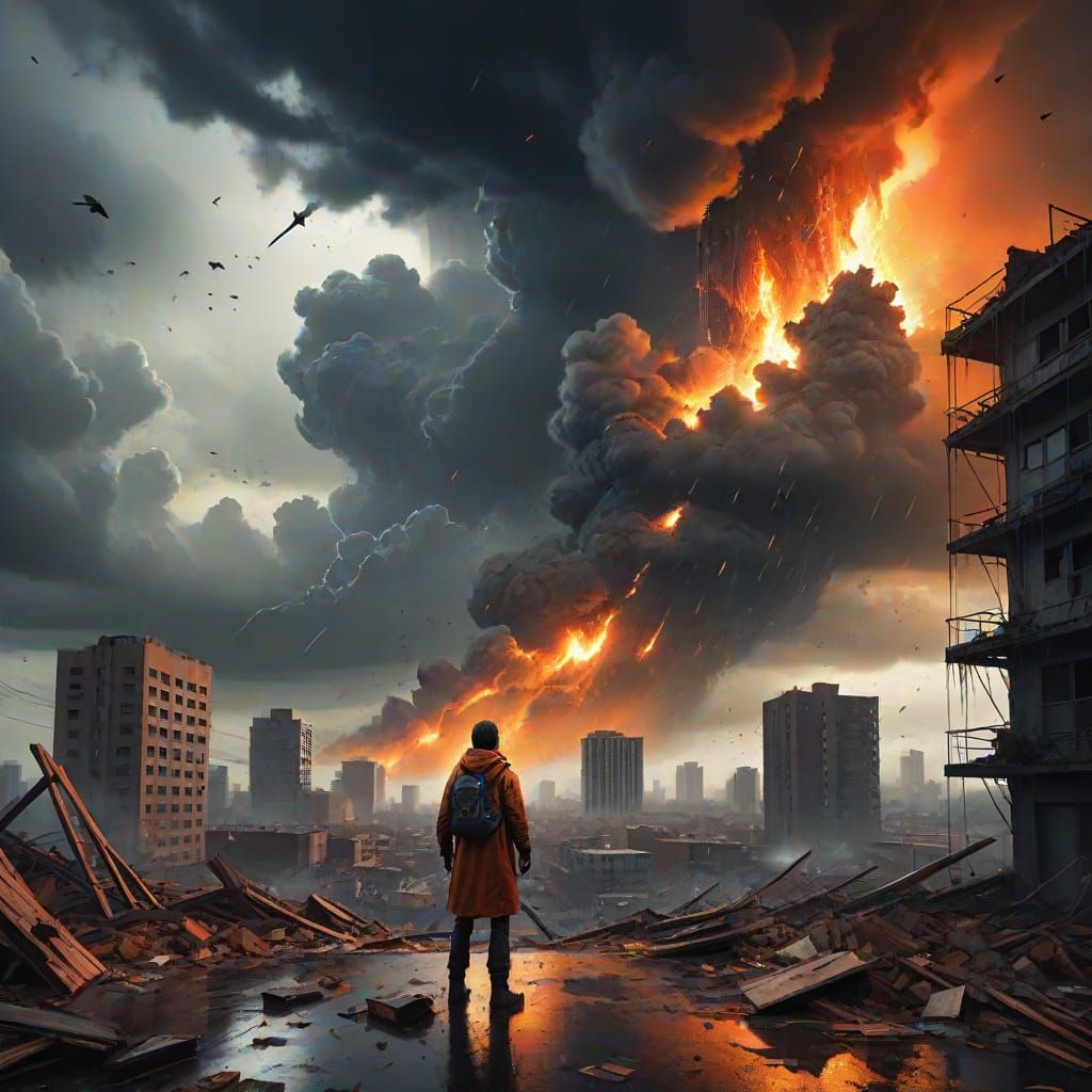 Stormy Sky Rains Debris on Crumbling City