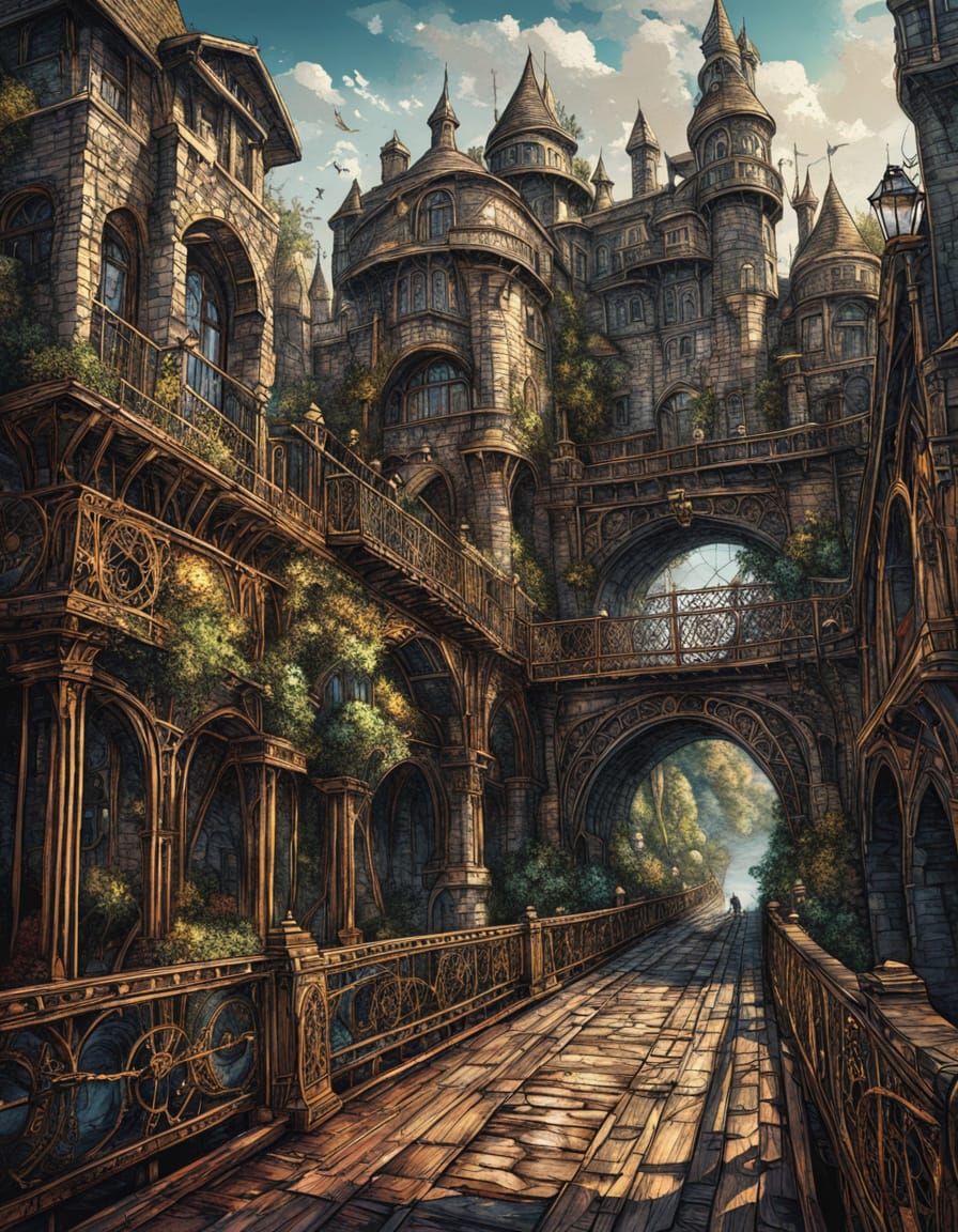 Epic Steampunk Bridge in Gothic Fantasy Landscapes