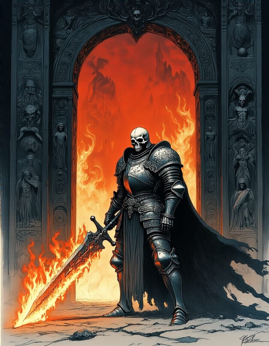 Ornate Knight with Flaming Sword and Obsidian Gate