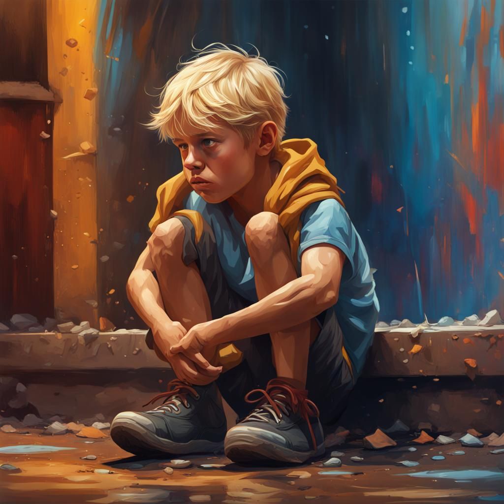 Hyperrealistic Blond Boy Crying with Side Lighting