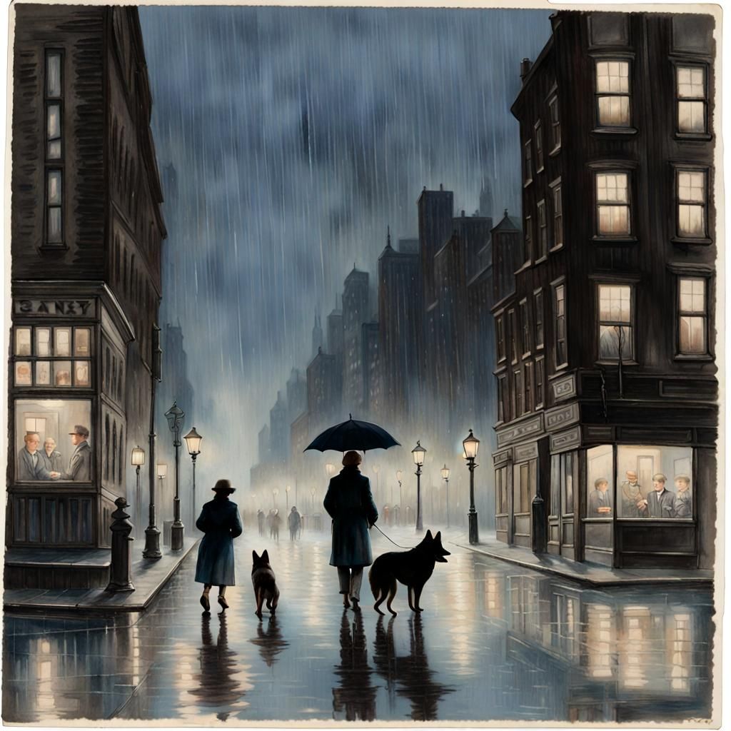 Rainy Night Cityscape: Charcoal Drawing with Blue Highlights