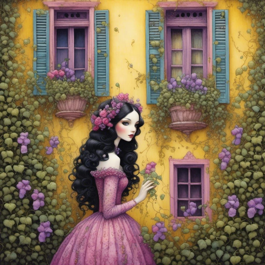 Woman Amidst Ivy and Sweet Pea Vines