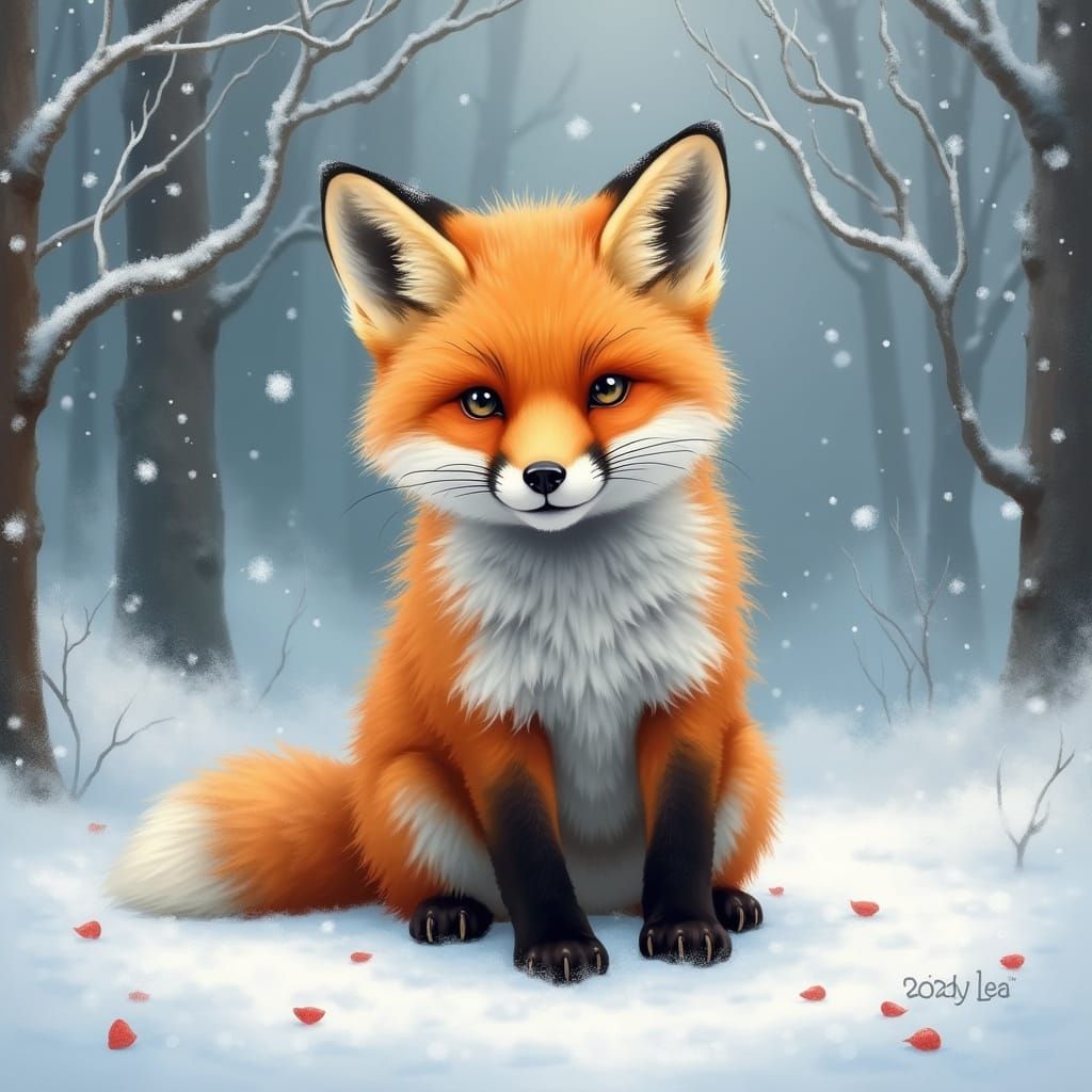 Cozy Baby Fox in a Winter Wonderland Oil Painting