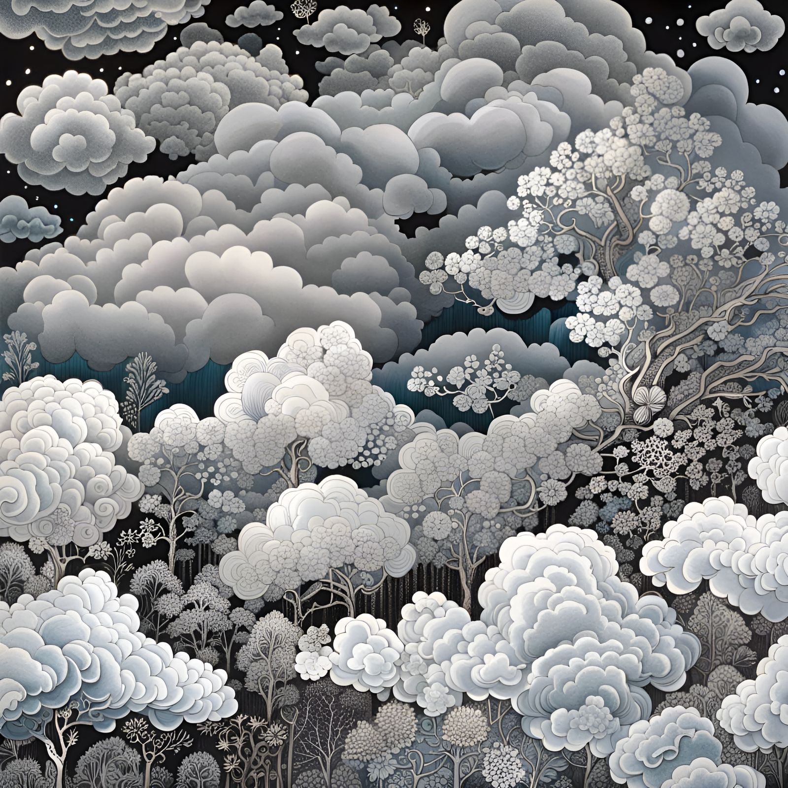 Lively Cloud Forest in Baroque Art Brut Style