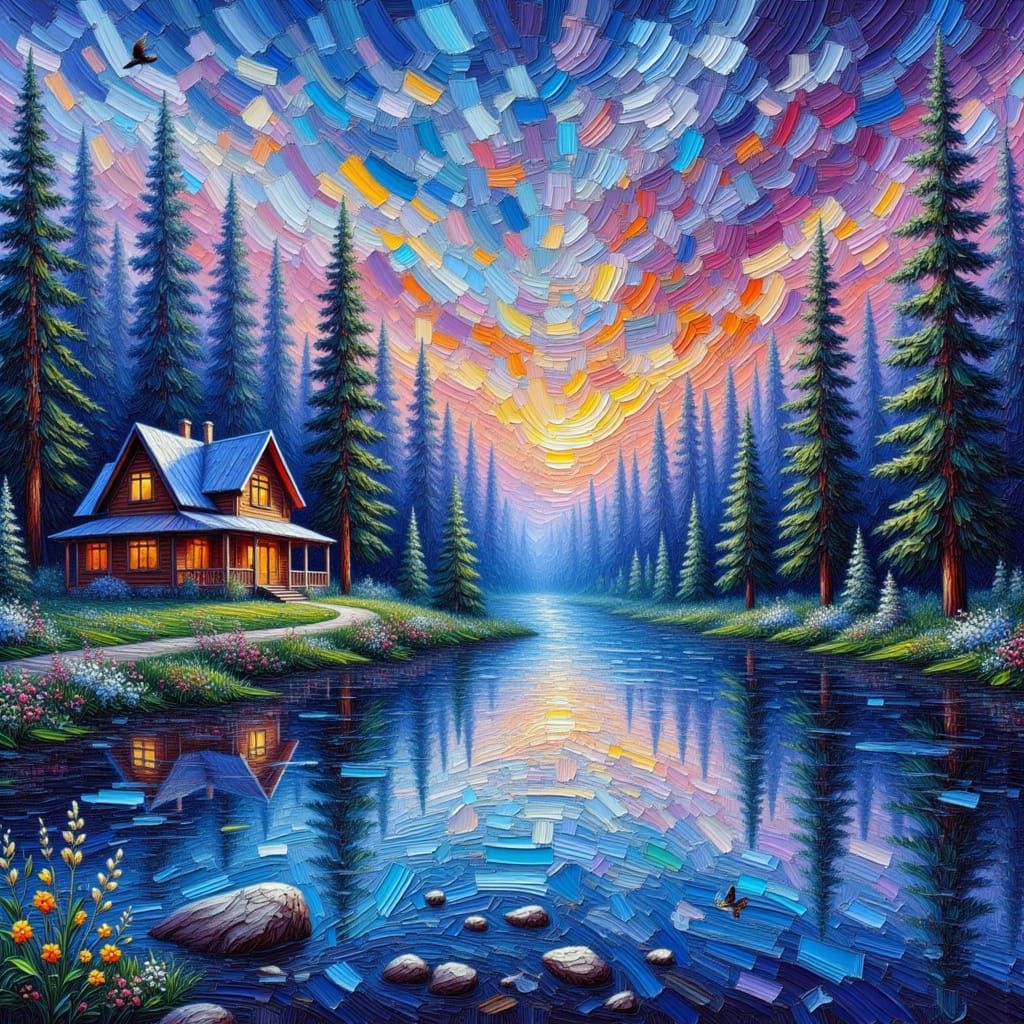 Impressionistic Lakeside Lodge at Twilight