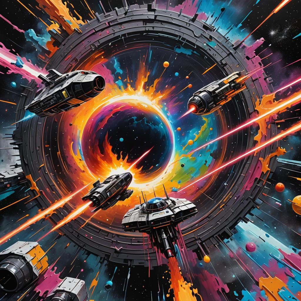 Starships Laser Battle Orbiting a Black Hole in Graffiti Art