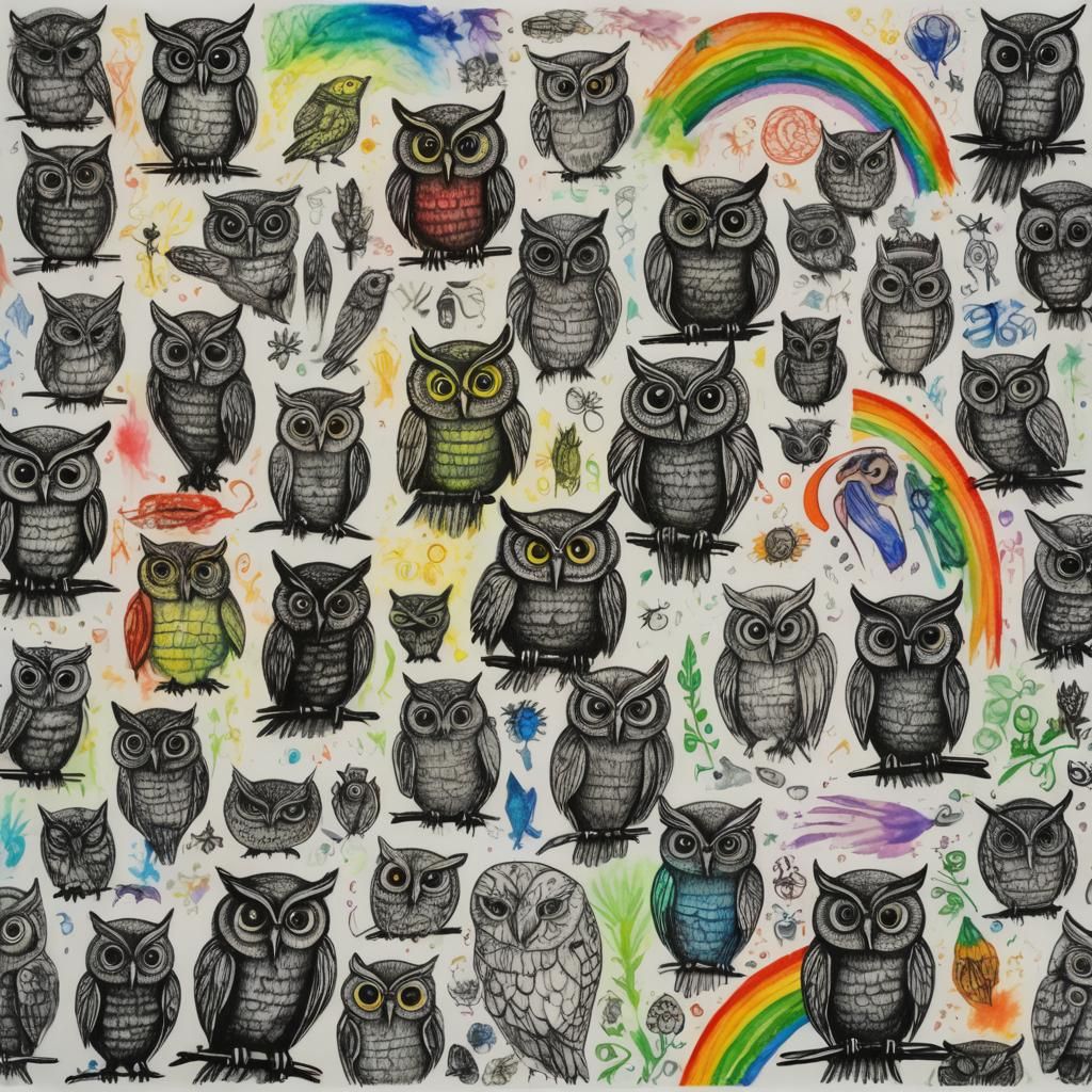 Surreal Crayon Drawing of Owls with Fairy