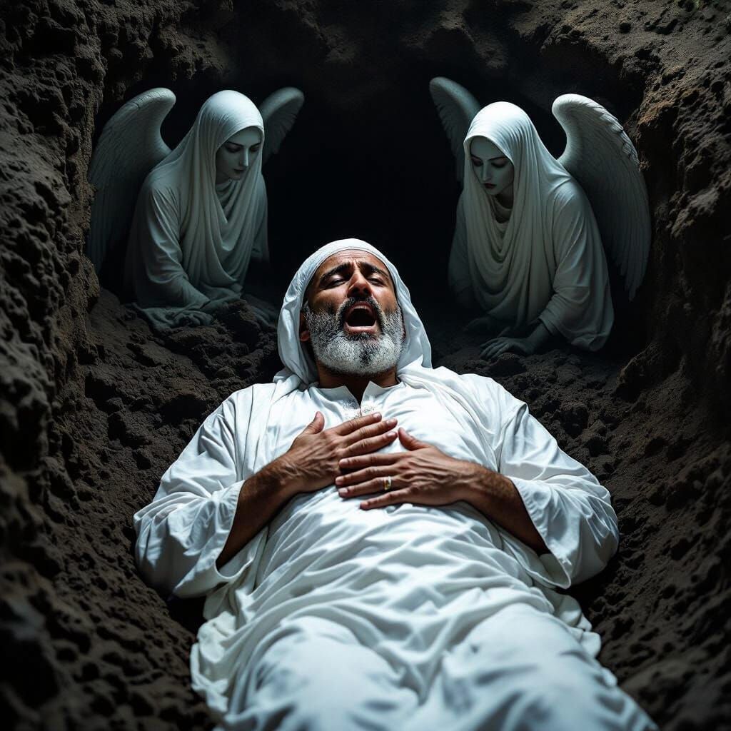 Terrified Man in Grave Visited by Angels in Persian Style